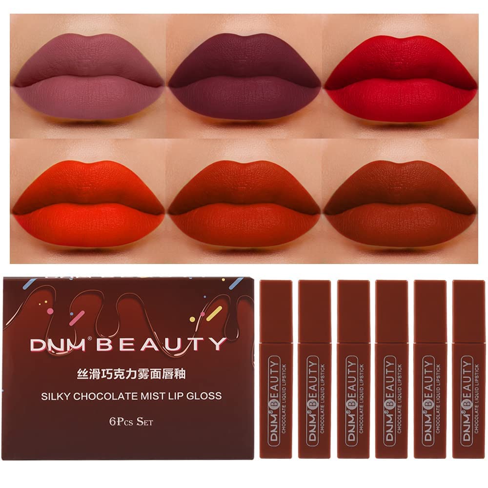 Juego de 6 lápices labiales líquidos de color chocolate mate, brillo de labios, para mujeres, color rojo oscuro profundo, 24 horas de permanencia en