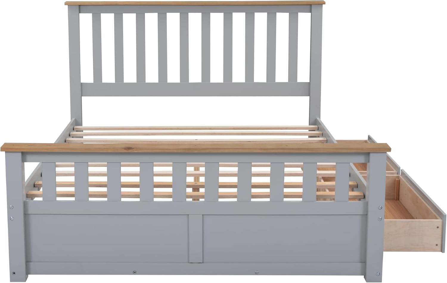 Merax Cama de plataforma tamaño Queen, plataforma de madera con 2 cajones y soporte de listones de madera, gris + natural