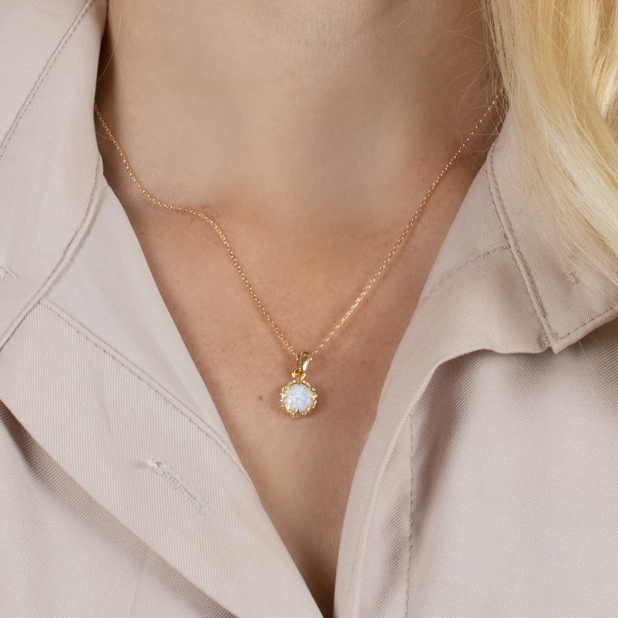 White Opal Pendant Necklace for Women in 14k Yellow Gold Plated on 925 Sterling Silver – October Birthstone 8mm Round Cut Gemstone – Vintage