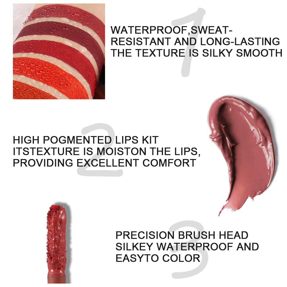Juego de 6 lápices labiales líquidos de color chocolate mate, brillo de labios, para mujeres, color rojo oscuro profundo, 24 horas de permanencia en