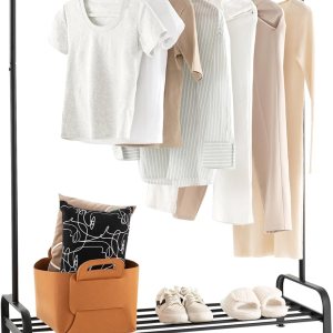 Tangkula Perchero de metal para ropa, 44 pulgadas con barra superior y estante de almacenamiento inferior, patas ajustables, clips antideslizantes, Tangkula Perchero de metal para ropa, 44 pulgadas con barra superior y estante de almacenamiento inferior, patas ajustables, clips antideslizantes,