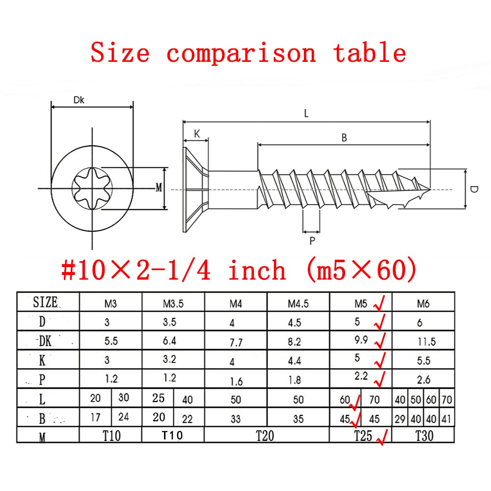 Tornillos para madera #10 × Tornillos Torx Star Drive de 2-14 pulgadas, cabeza plana, M5 × 60 avellanados T25, corte de rosca autorroscante, acero
