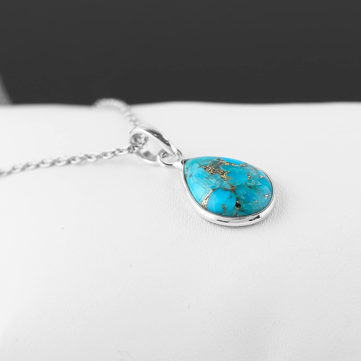Solid 925 Sterling Silver Necklace – Natural Blue Turquoise Gemstone Bezel Pendant – Designer Boho – Handmade – Elegant Jewelry – Minimalist – Gift