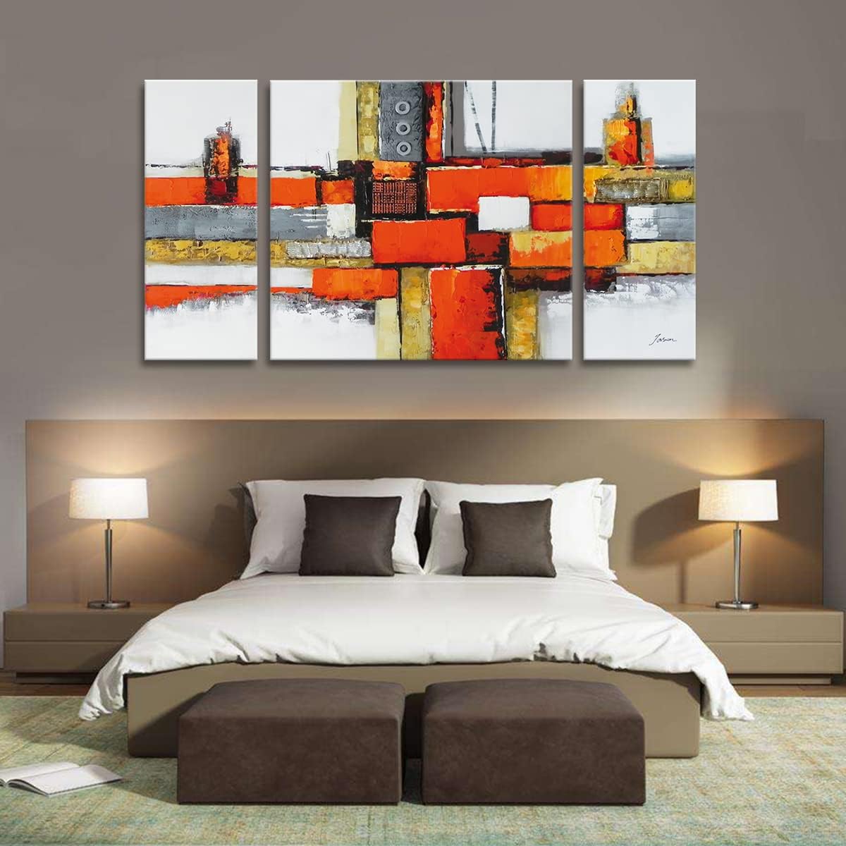Noah Art -Arte de pared naranja, pintura al óleo 100% pintada a mano por Palette Knife Modern Pictures, 3 piezas estiradas y envueltas en galería,