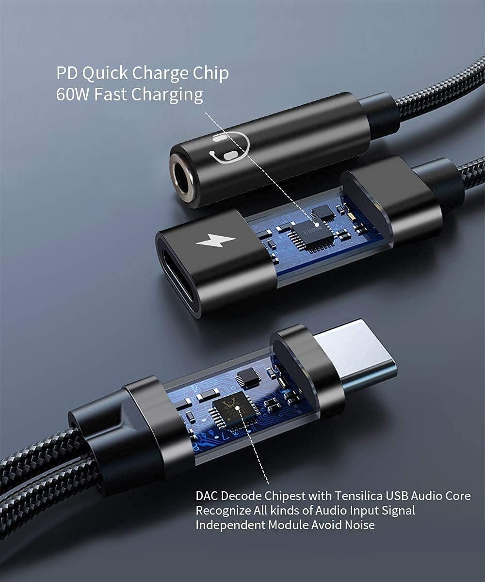 Adaptador para auriculares Samsung Galaxy S24 Ultra, 2 en 1 USB C a conector de auriculares de 0.138 in de alta resolución DAC y PD seguro de 60 W,