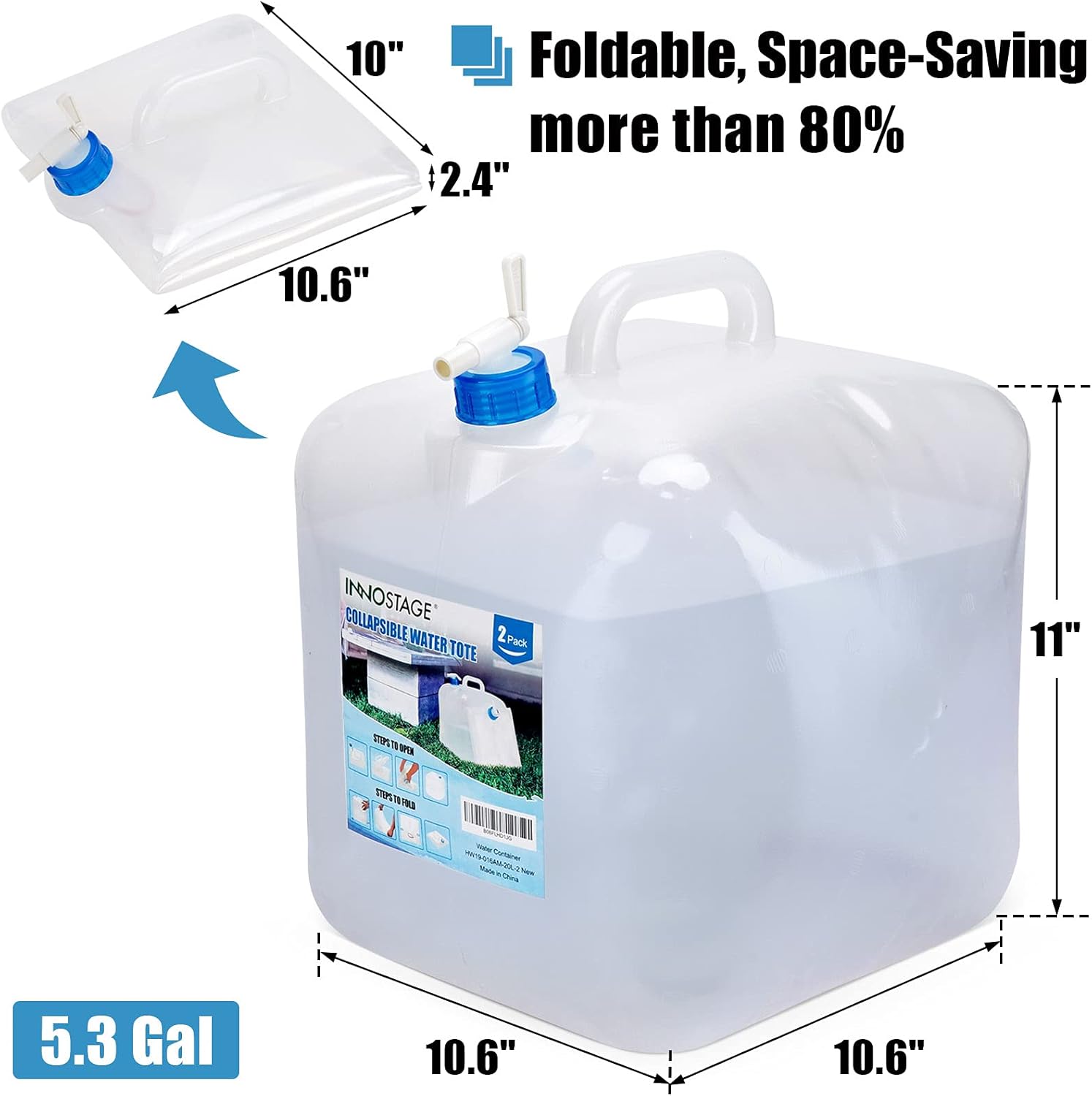 INNO STAGE Contenedor de agua plegable de 5.3 galones con espita, jarra de almacenamiento de agua de grado alimenticio para acampar al aire libre,
