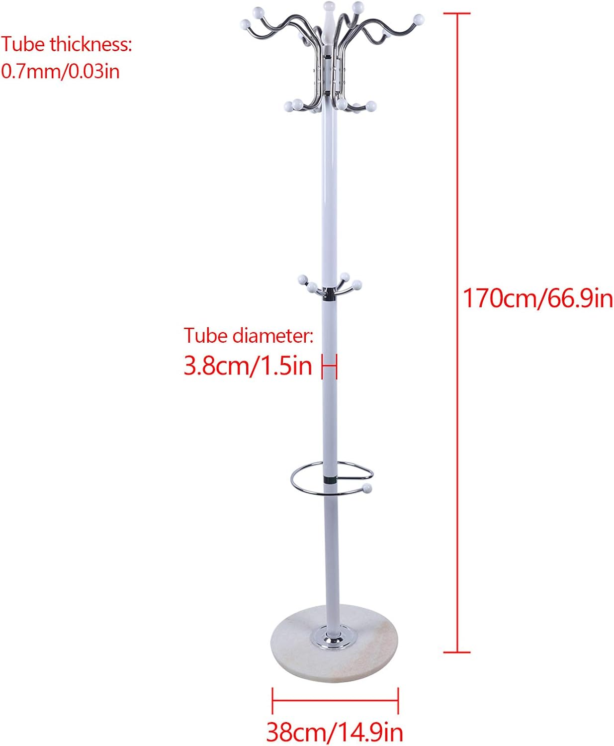 Perchero de metal independiente, percheros con 16 ganchos, base de mármol, perchero para sombrero, perchero de metal, para dormitorio, sala de