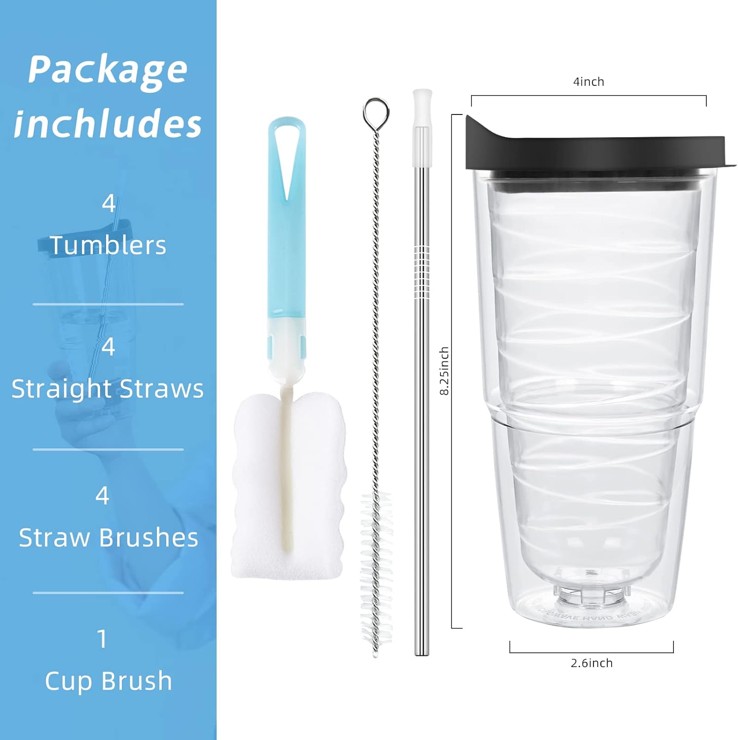 Modwnfy Vaso transparente aislado de 24 onzas, paquete de 4 vasos de doble pared con tapa negra y pajita, vasos de plástico, vasos transparentes de