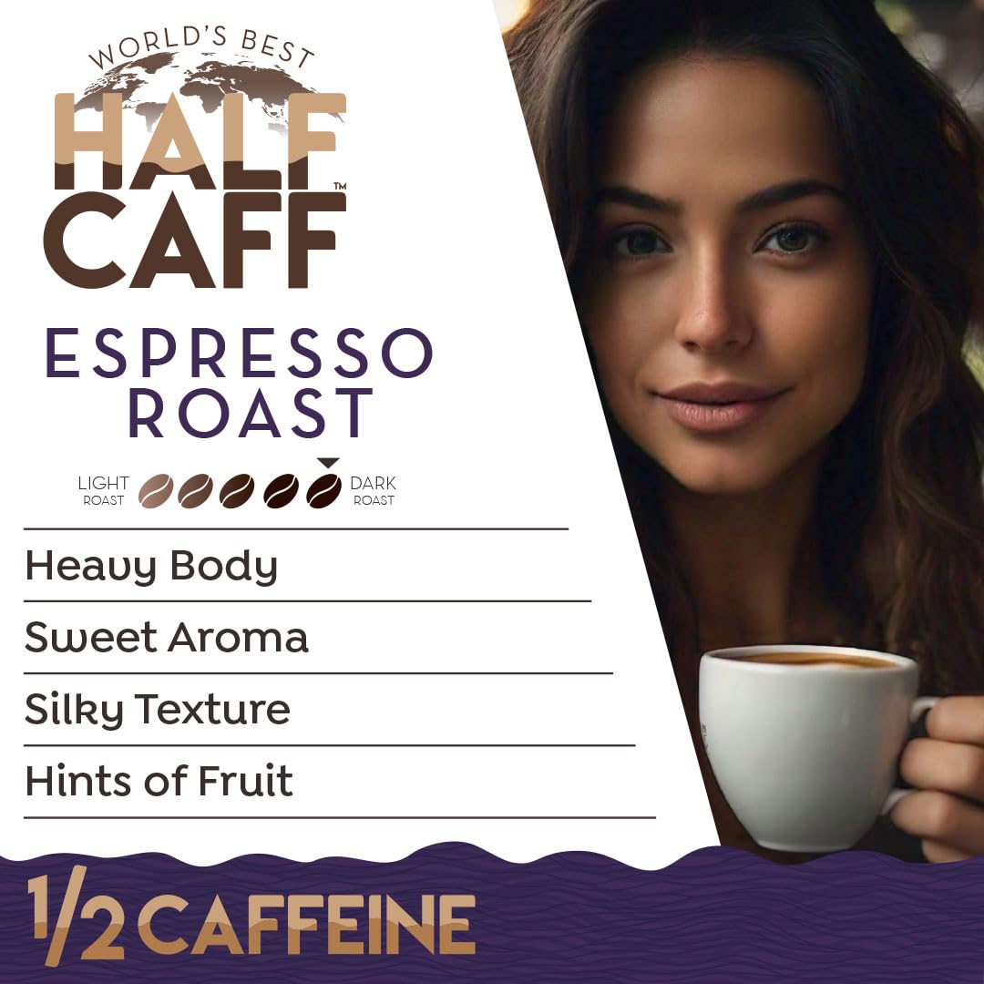 World’s Best Half Caff Café tostado expreso de 18 quilates, cápsulas de café de tostado oscuro reciclables producidas por energía solar, 100% café