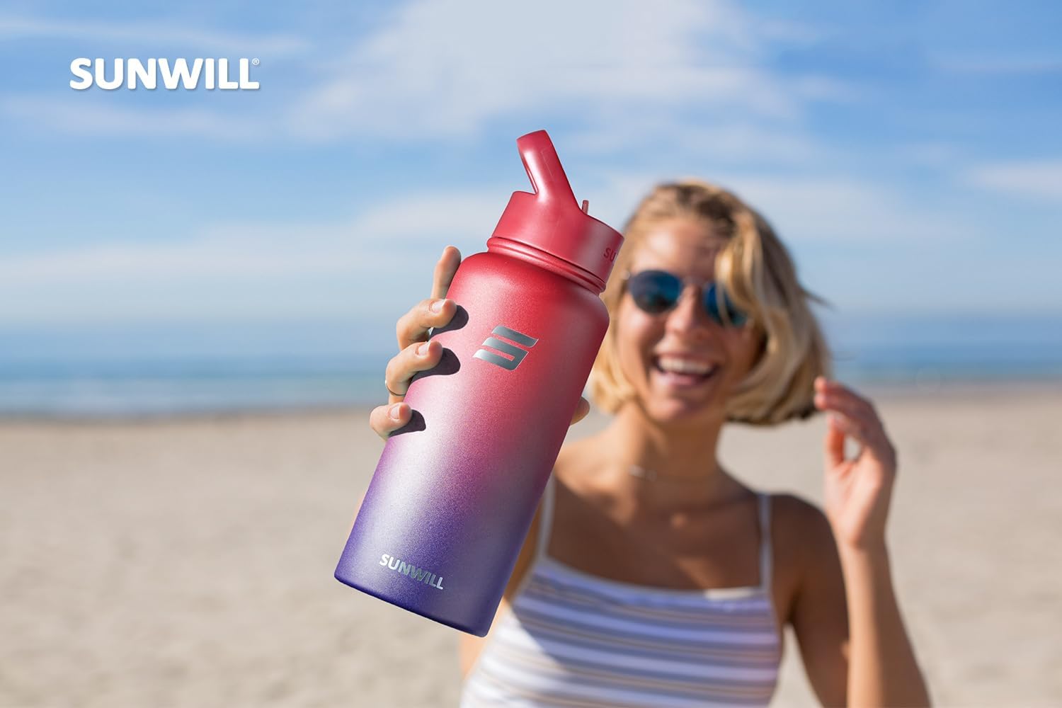 SUNWILL Botella de agua aislada con popote de 32 onzas, botella de agua deportiva de metal, botella de agua deportiva de doble pared reutilizable,