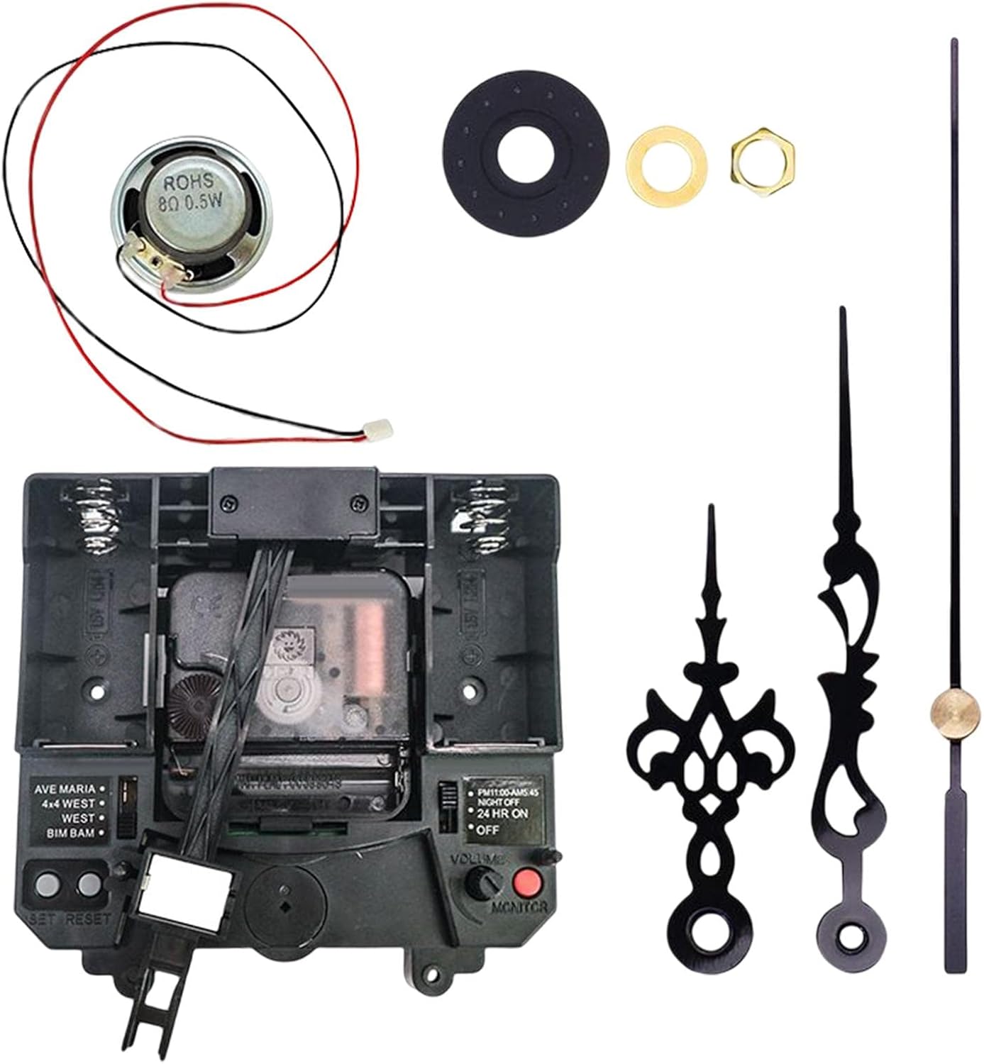 Milageto Mecanismo de movimiento de reloj de cuarzo, con manecillas silenciosas, kit de mecanismo de caja de música silenciosa, piezas de