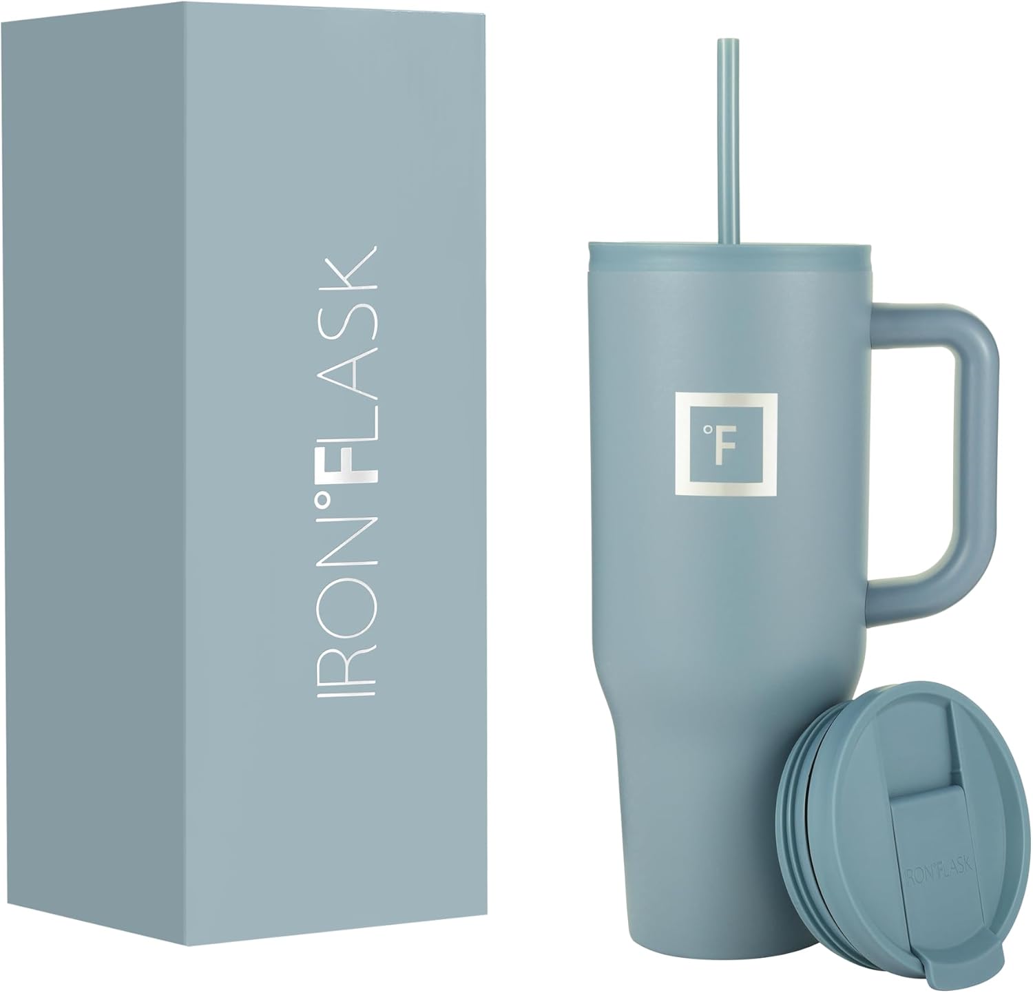 IRON FLASK Co-Pilot – Vaso aislado con popote y tapas abatibles, botella portavasos, para bebidas calientes y frías, a prueba de fugas, agua, taza