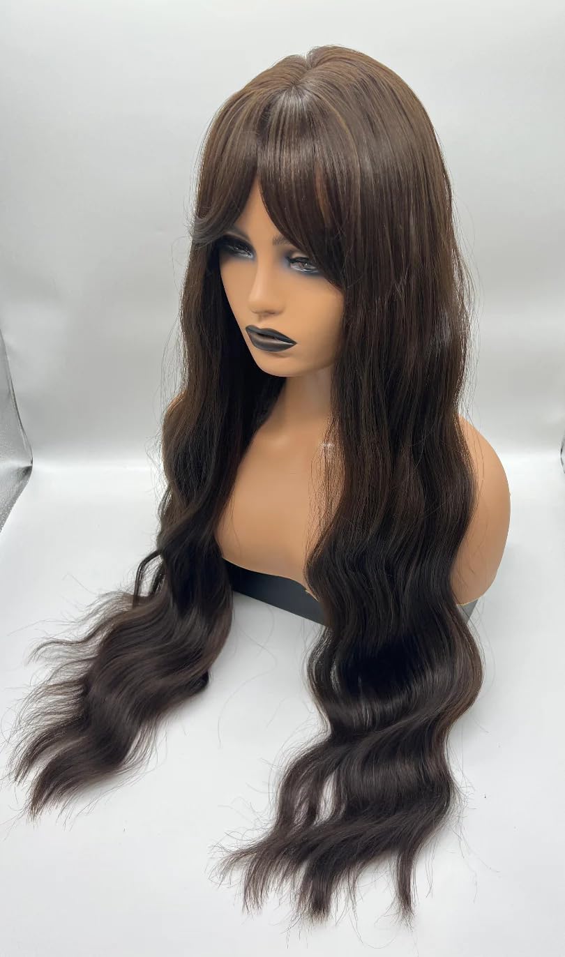 JOLIN – Peluca de cabello ondulado extra largo color marrón natural con flequillo en capas, ondulado, sin pegamento, pelucas de cabello largo para