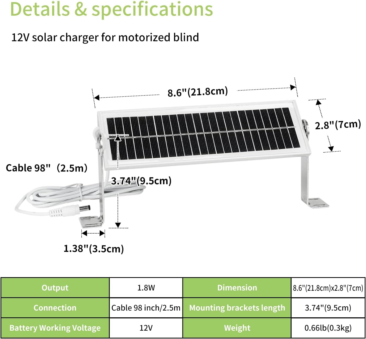 Cargador de panel solar de 12 V para motores motorizados de persianasombra, persianas enrollables eléctricas inteligentes (12 V-1.8 W)
