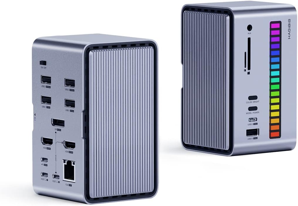 Hagibis Estación de acoplamiento dual USB C triple monitor, tira de luz LED USB-C Hub Adaptador tipo C con 8K DP y HDMI, carcasa SSD M.2, 100W PD,