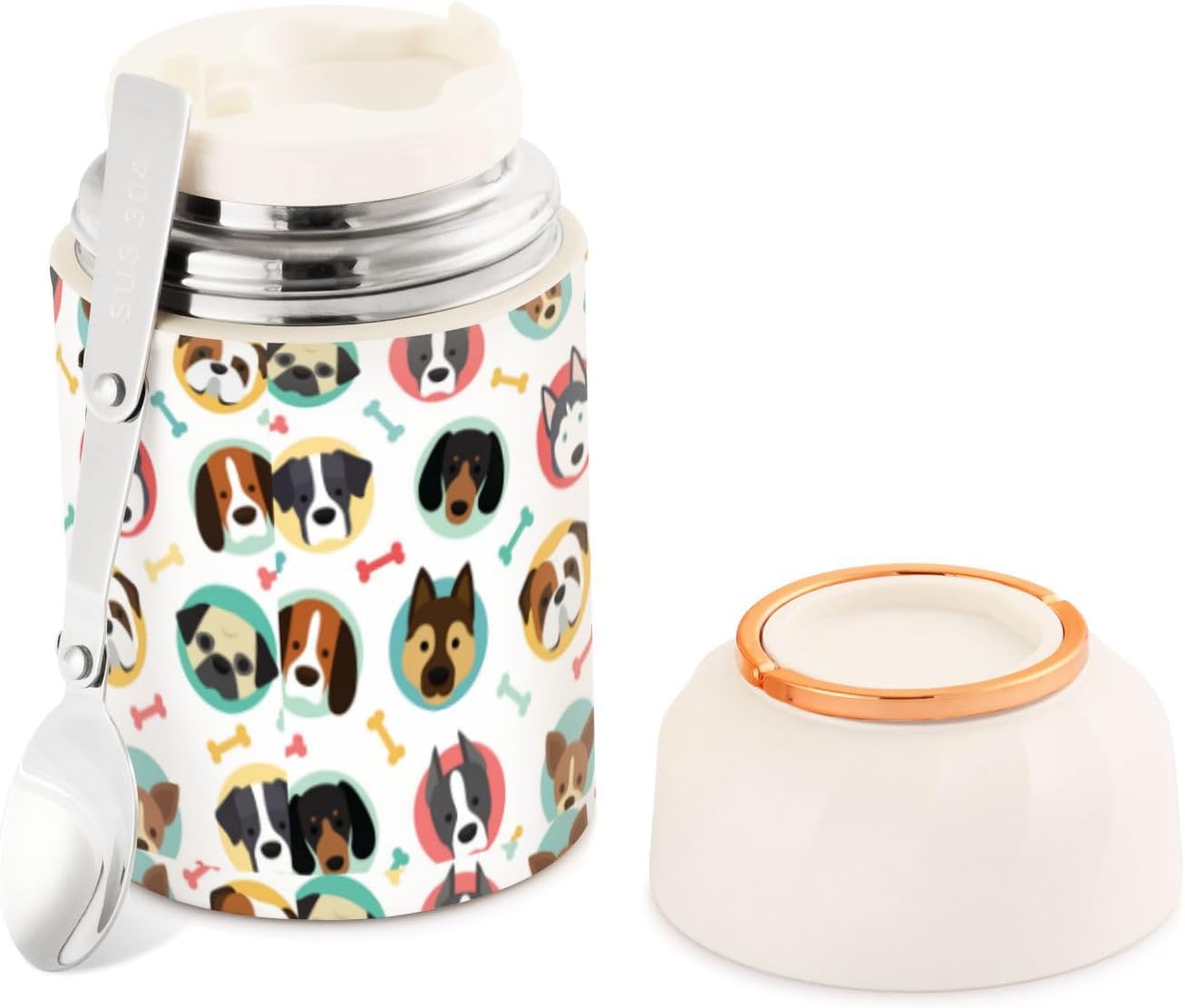 Lindo tarro de comida de hueso de perro con cuchara de acero inoxidable aislado al vacío, recipiente de alimentos de 17 onzas para adultos