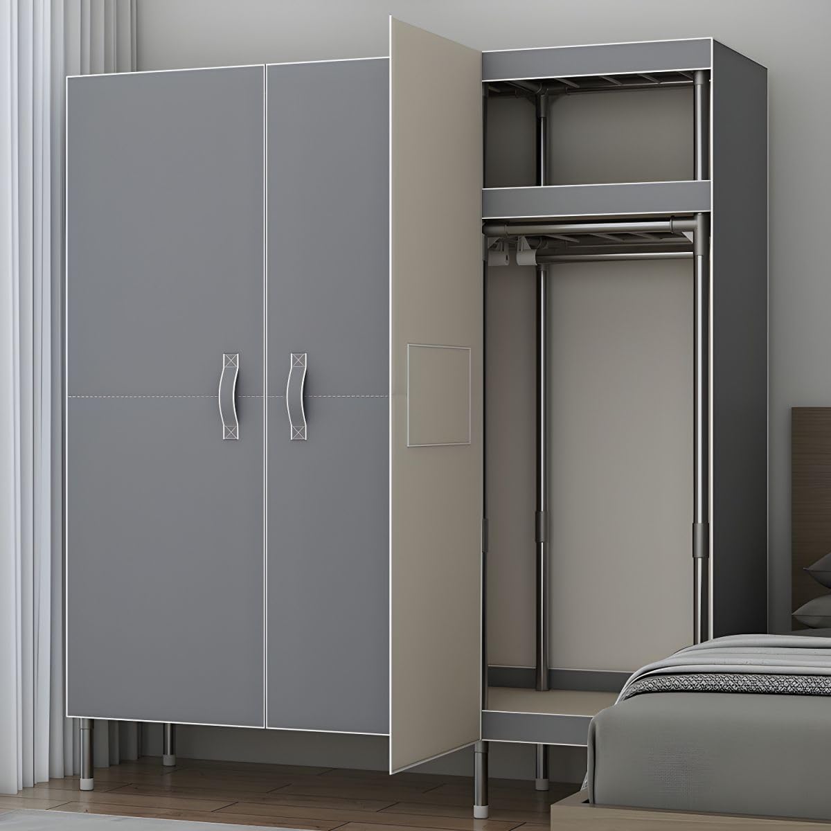 LAKIQ Armario para dormitorio, armario con puertas para colgar, estilo contemporáneo, tela con marco de acero, armario organizador de tela y armario