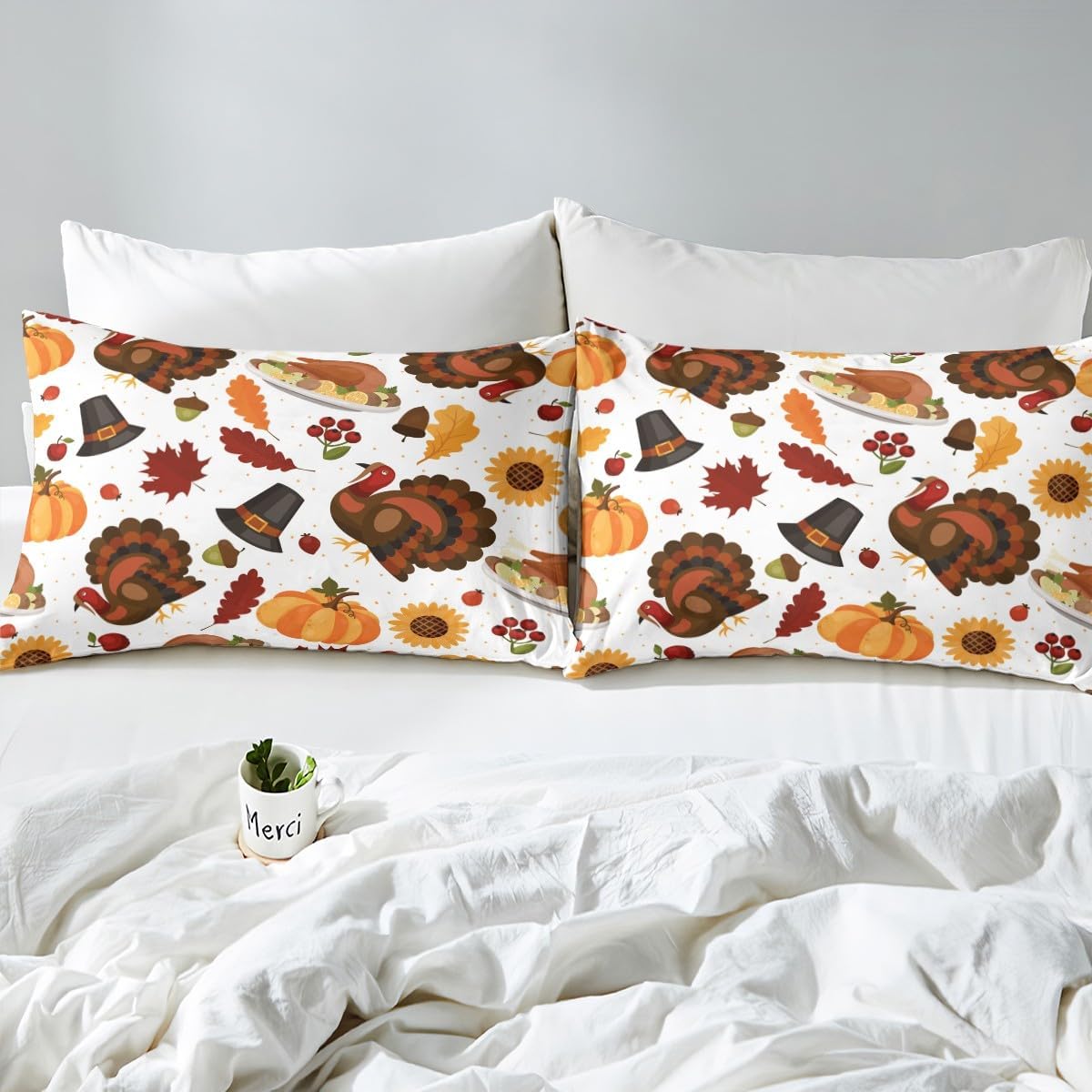 Feelyou Juego de funda de edredón de decoración de Acción de Gracias, tamaño Queen, lindo juego de ropa de cama de pavo para niños, decoración de