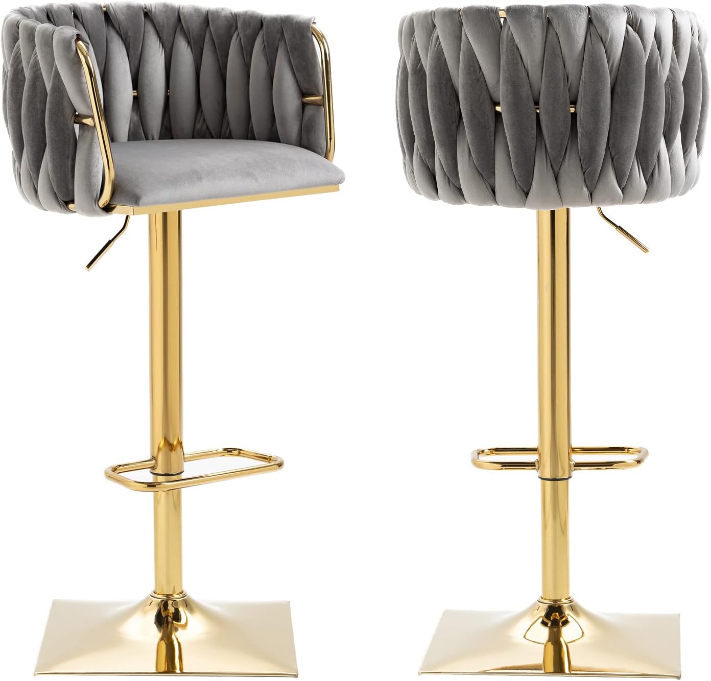 Juego de 2 taburetes de bar giratorios de terciopelo, taburetes de bar ajustables y cómodos, silla de comedor moderna con respaldo tejido, taburetes
