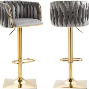 Juego de 2 taburetes de bar giratorios de terciopelo, taburetes de bar ajustables y cómodos, silla de comedor moderna con respaldo tejido, taburetes Juego de 2 taburetes de bar giratorios de terciopelo, taburetes de bar ajustables y cómodos, silla de comedor moderna con respaldo tejido, taburetes