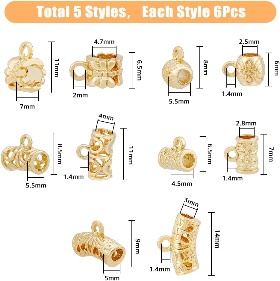 SUPERFINDINGS 30 cuentas de tubo de latón de 5 estilos con bucle, chapado en oro de 18 quilates, europeo, colgante, columna, tallado, barril,