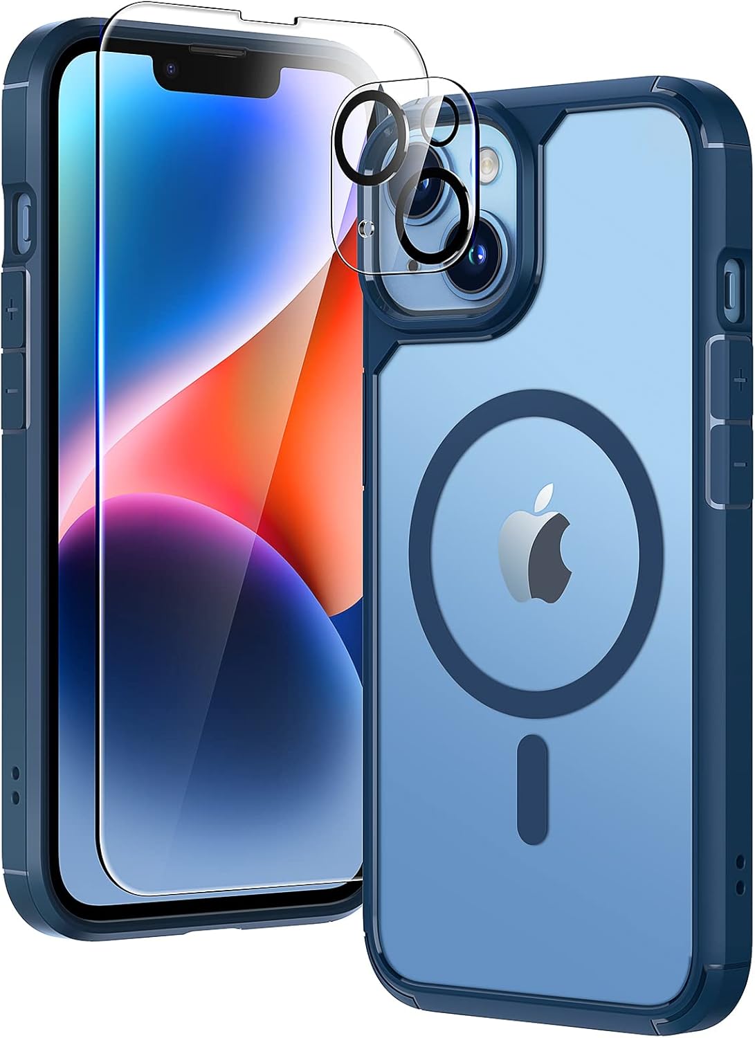 TAURI Funda magnética 5 en 1 diseñada para iPhone 13 para iPhone 14, compatible con MagSafe con 2 protectores de pantalla + 2 protectores de lente