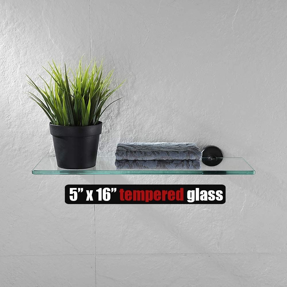 JQK Estante de vidrio para baño negro, almacenamiento de ducha de vidrio templado de 16 x 5 pulgadas, montaje en pared negro mate de acero
