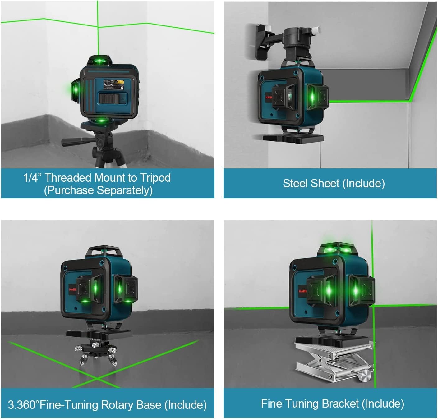Nivel láser autonivelante de 131.2 ft, línea láser verde cruzada de 4 x 360, niveles láser de línea de modo de pulso, autonivelante horizontal y