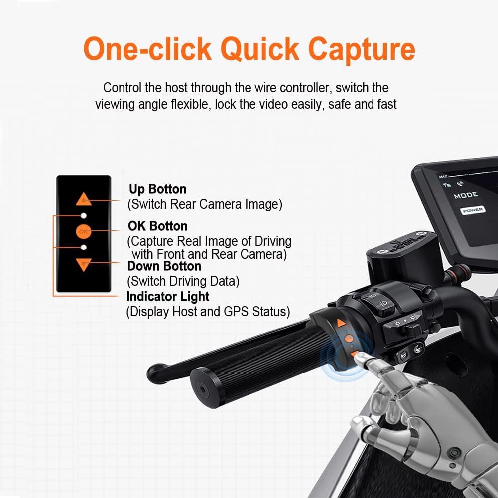 VSYSTO Cámara WiFi para salpicadero de motocicleta, sensores de presión de neumáticos, pantalla de 4 pulgadas, WDR HD 1080P, lente ojo de pez gran