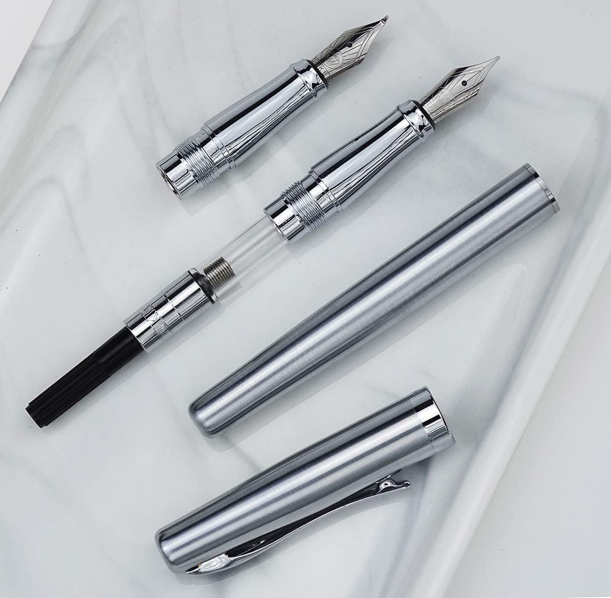 Duke 209 – Pluma estilográfica de acero plateado de doble punta mediana y doblada, juego de escritura intercambiable con caja de regalo