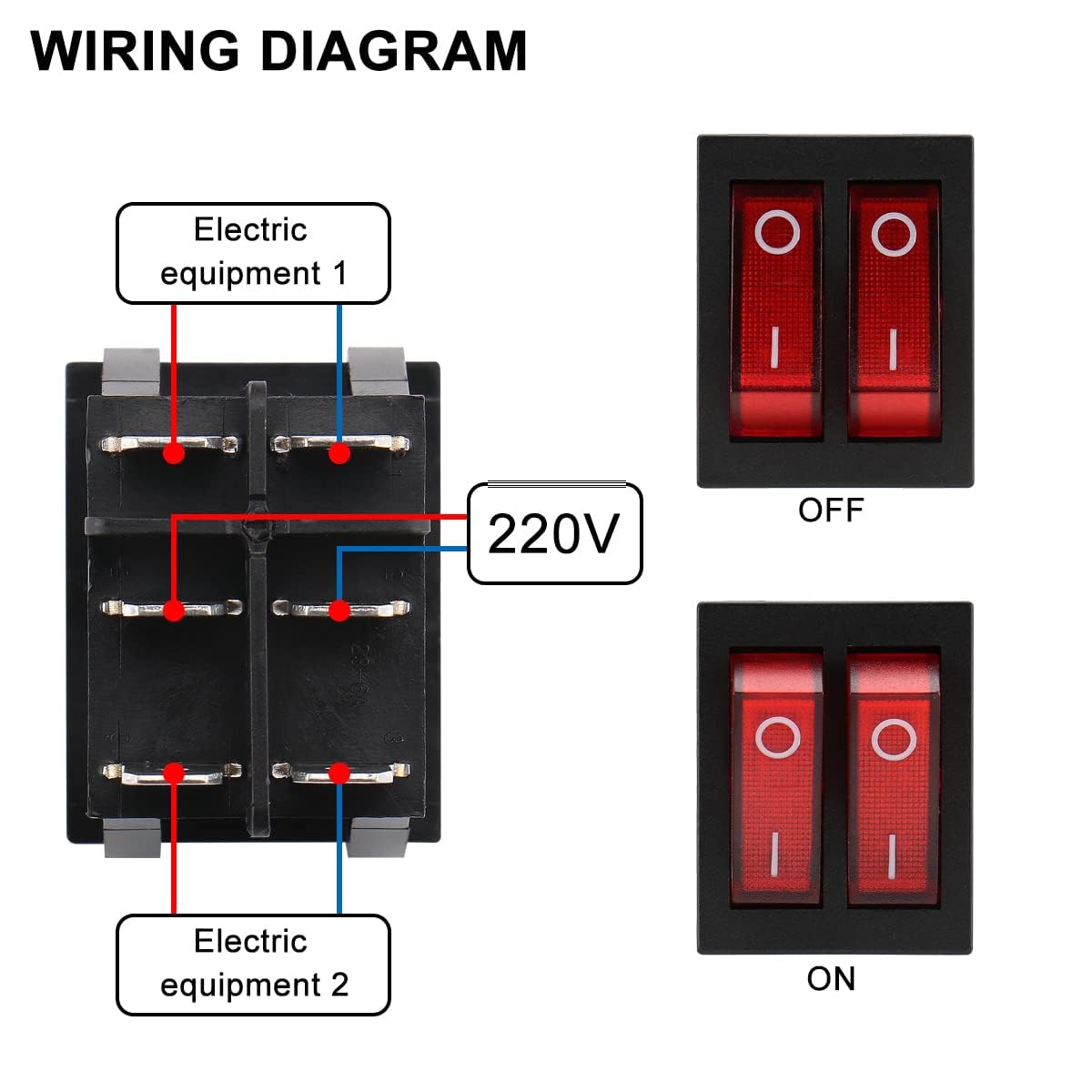Baomain Interruptor basculante para barco, luz roja, iluminado, CA, 16A250V, 16A125V, 6 pines Dual DPDT ONOff UR List (2)