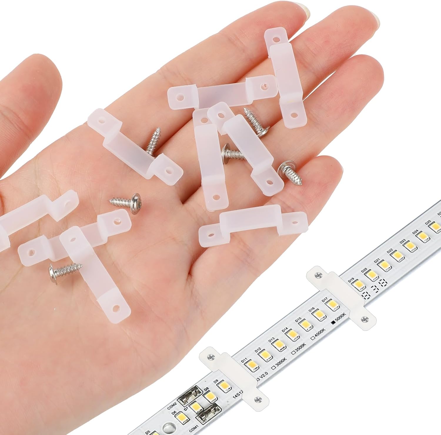 200 clips de montaje de tira LED, soporte de abrazadera de luz LED de silicona, soportes de montaje de tira LED con 400 tornillos clips de fijación