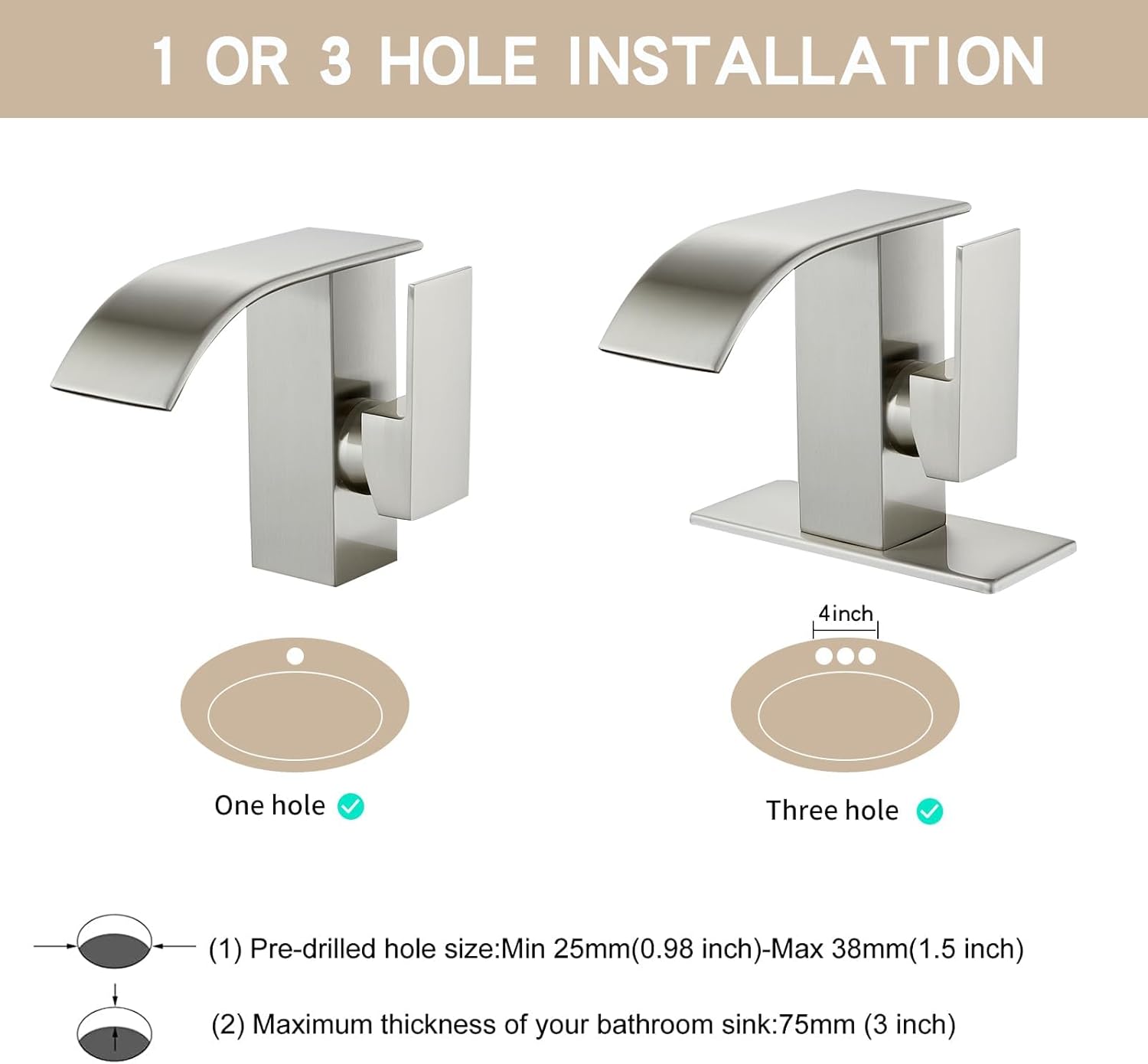 Grifo de lavabo de baño de 1 agujero, cascada de níquel cepillado, mango moderno de un solo agujero, grifos de tocador de baño para fregaderos, 1