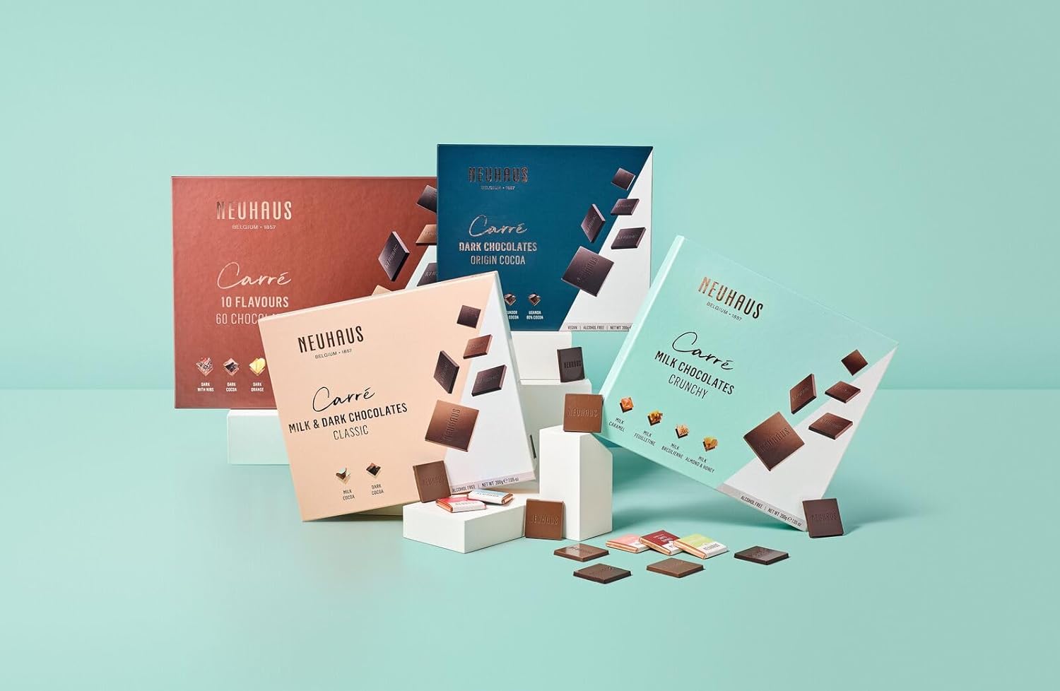 Neuhaus Caja de leche belga Carré de chocolate  40 chocolates con leche Neuhaus Carrés  4 variedades de leche crujiente  Envueltos individualmente