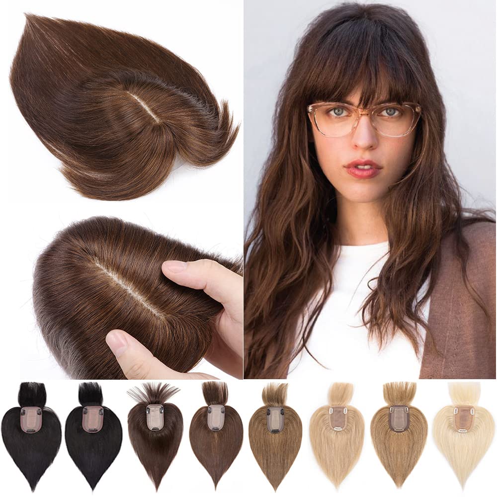 SEGO Toppers de cabello humano 100% real con flequillo, 150% de densidad, base de seda, clip en la parte superior, piezas de cabello para mujeres