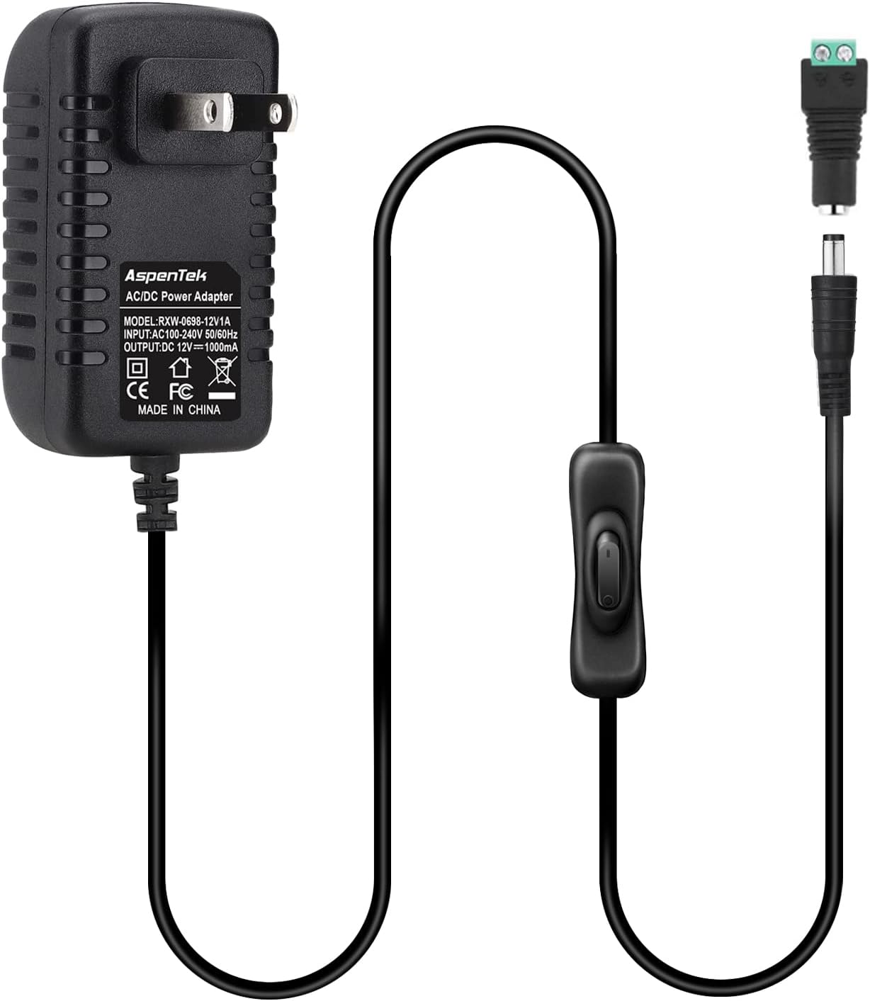 adaptador de fuente de poder CC de 12V, con interruptor ONOFF para iluminación LED de 12V., negro, AT-12V1A-12W, 12.00watts, 12.00 volts
