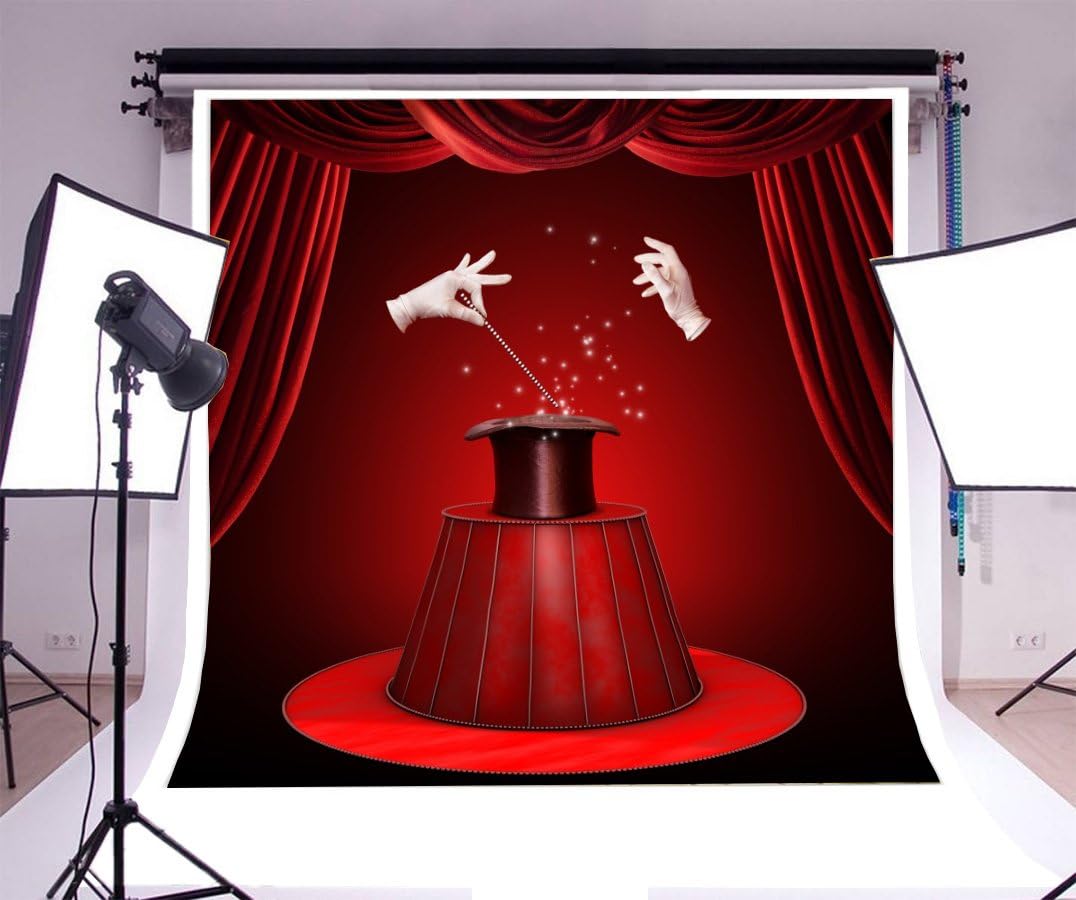 Yeele Fondo de espectáculo mágico de 10 x 10 pies para fotografía, cortina roja de circo, guantes blancos, sombrero negro, fondo de teatro, mago,