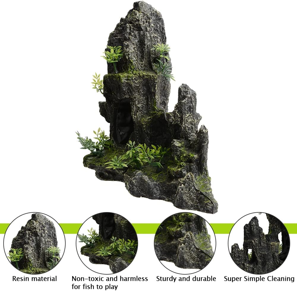 Saim Decoraciones grandes para pecera, adorno de acuario con vista a la montaña con cueva de casa del árbol, cueva rocosa para pecera, cueva