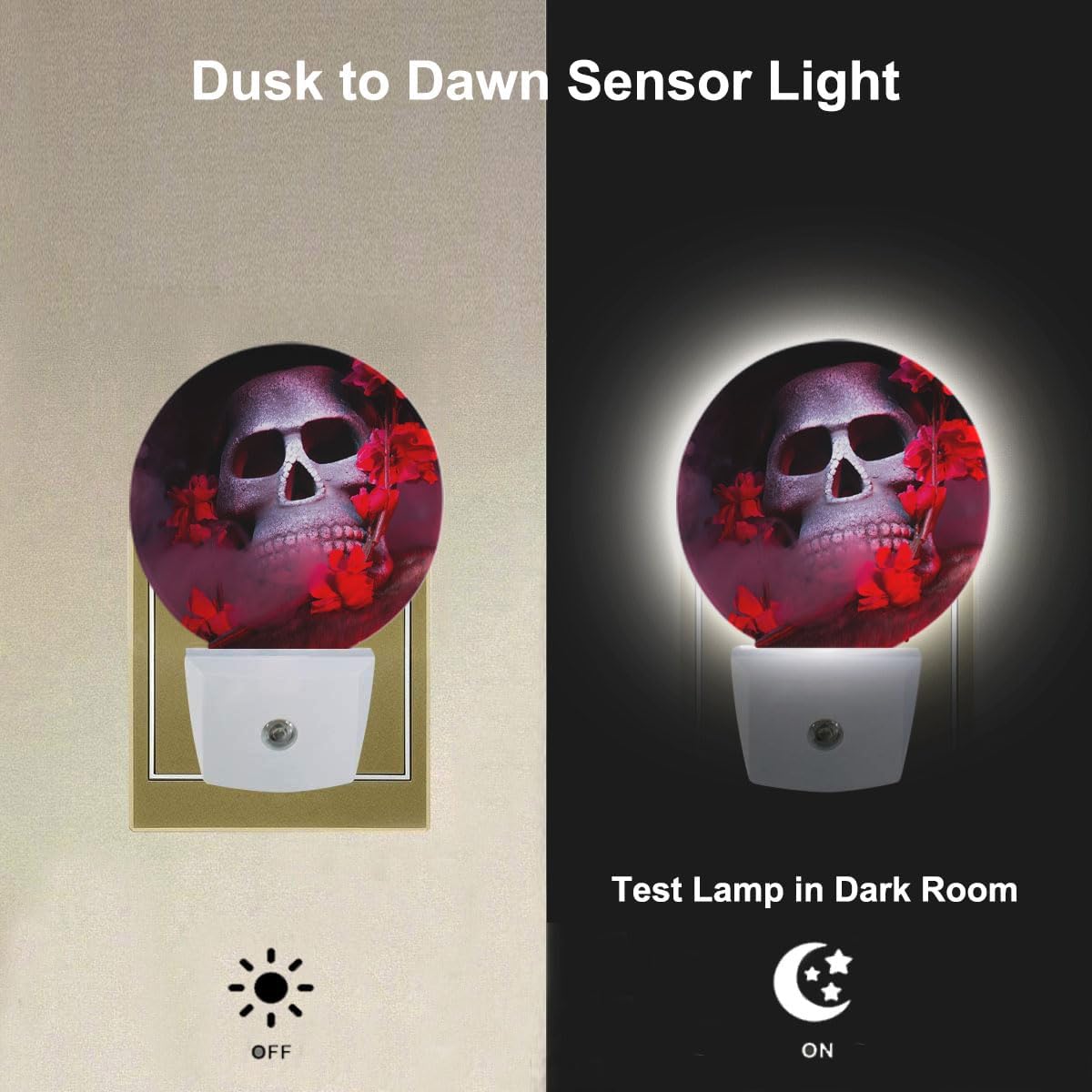 Lámpara de noche floral roja de calavera para Halloween, cabeza de esqueleto malvado, calavera de rosa, luz nocturna decorativa LED, sensor de