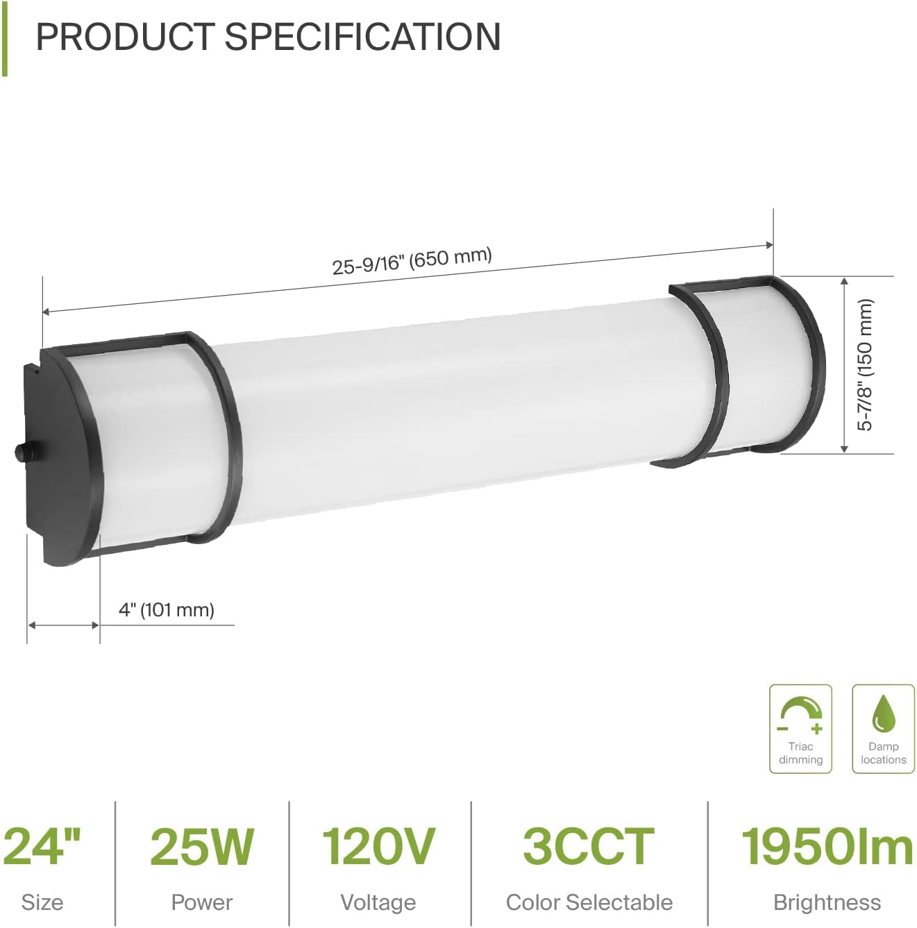ASD Iluminación LED de 24 pulgadas de montaje empotrado  Interruptor de 25 W, 120 V, 1950 lm, 3000 K4000 K5000 K, regulable, no parpadea, Energy