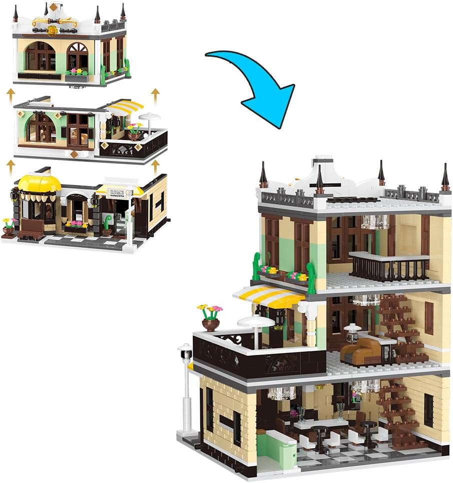 Mini juegos de construcción de restaurante urbano con LED, bloque de construcción de juguete de aprendizaje STEM para adultos, adolescentes, niños y
