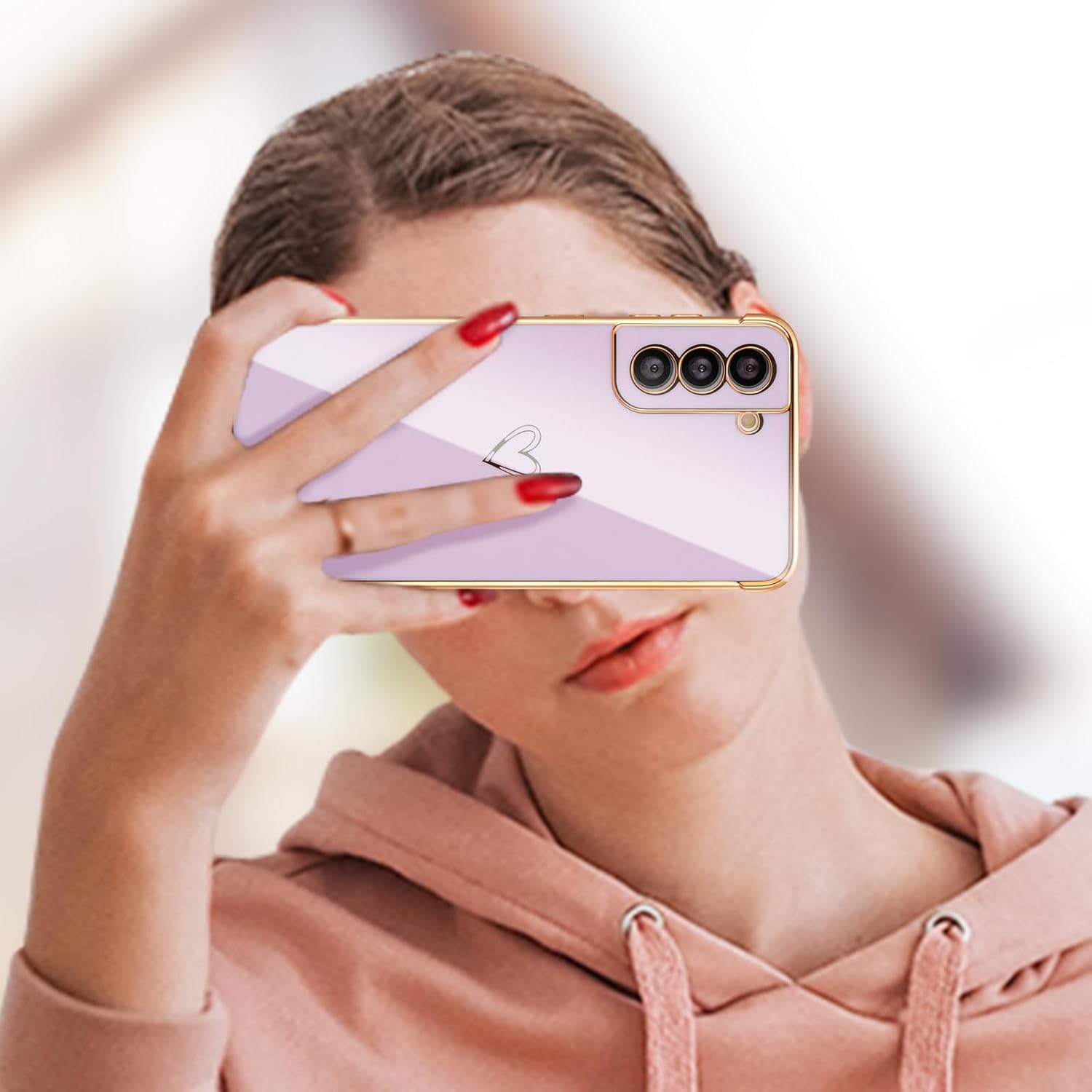 ZTOFERA Funda para Samsung Galaxy S21 5G, lindo borde chapado con patrón de corazones de amor con protección de lente de cámara, funda para Galaxy