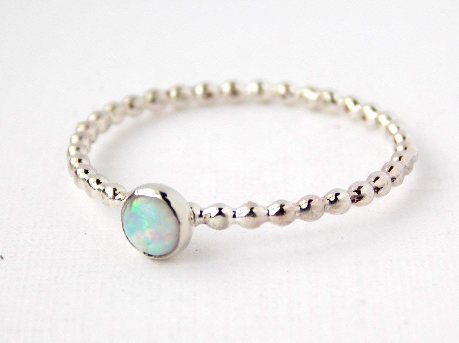 4mm Opal Beaded Cab Ring stackable birthstone ring, sterling silver ring, opal ring, simple ring, dainty ring, dotted ring, October birthstone