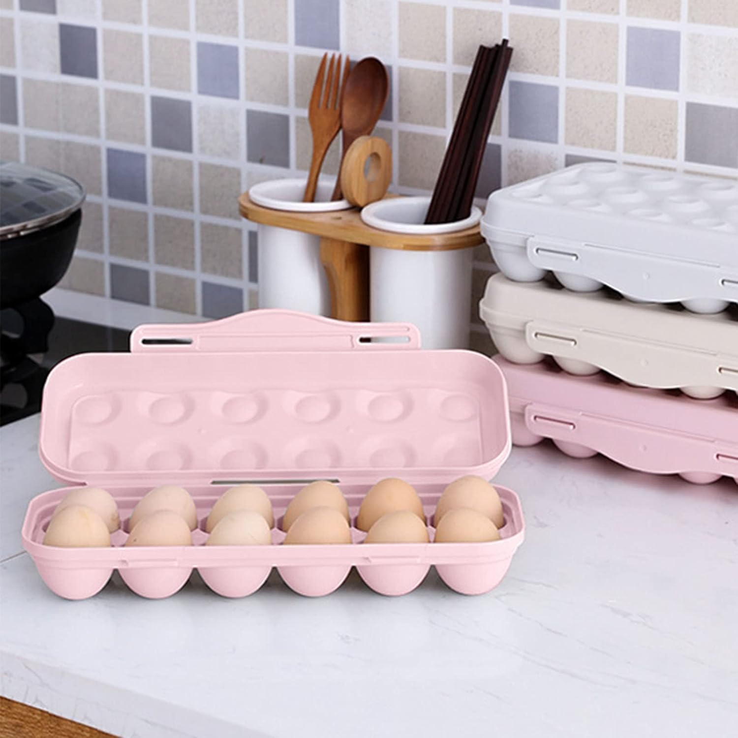 Contenedor de huevos para refrigerador con tapas, apilable, caja de huevos de gran capacidad, estuche de almacenamiento de huevos de plástico
