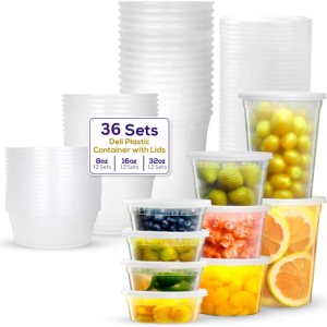Supreme Deli Contenedores de almacenamiento de plástico con tapas, 8 onzas, 16 onzas, 32 onzas 12 juegos de cada uno  36 paquetes combinados Supreme Deli Contenedores de almacenamiento de plástico con tapas, 8 onzas, 16 onzas, 32 onzas 12 juegos de cada uno  36 paquetes combinados