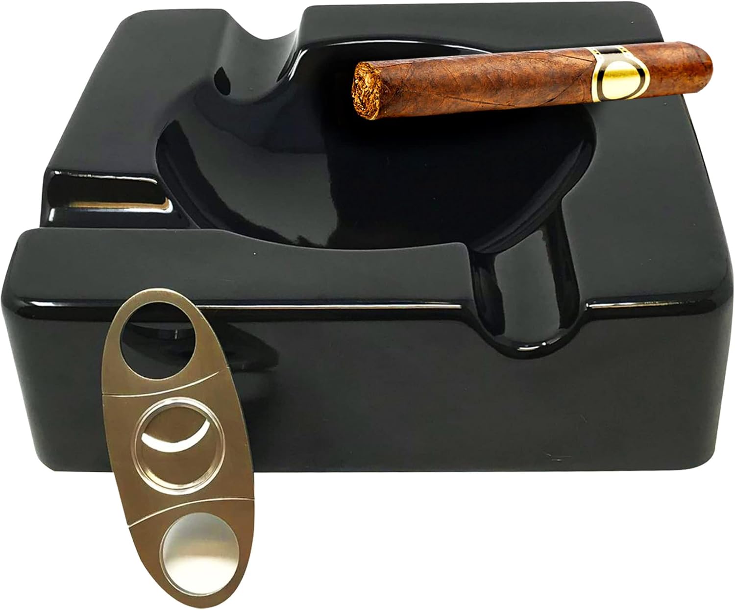 Cenicero grande para cigarros al aire libre, ceniceros de cerámica grandes de 8.5 pulgadas, cigarro negro brillante para interiores, exteriores,