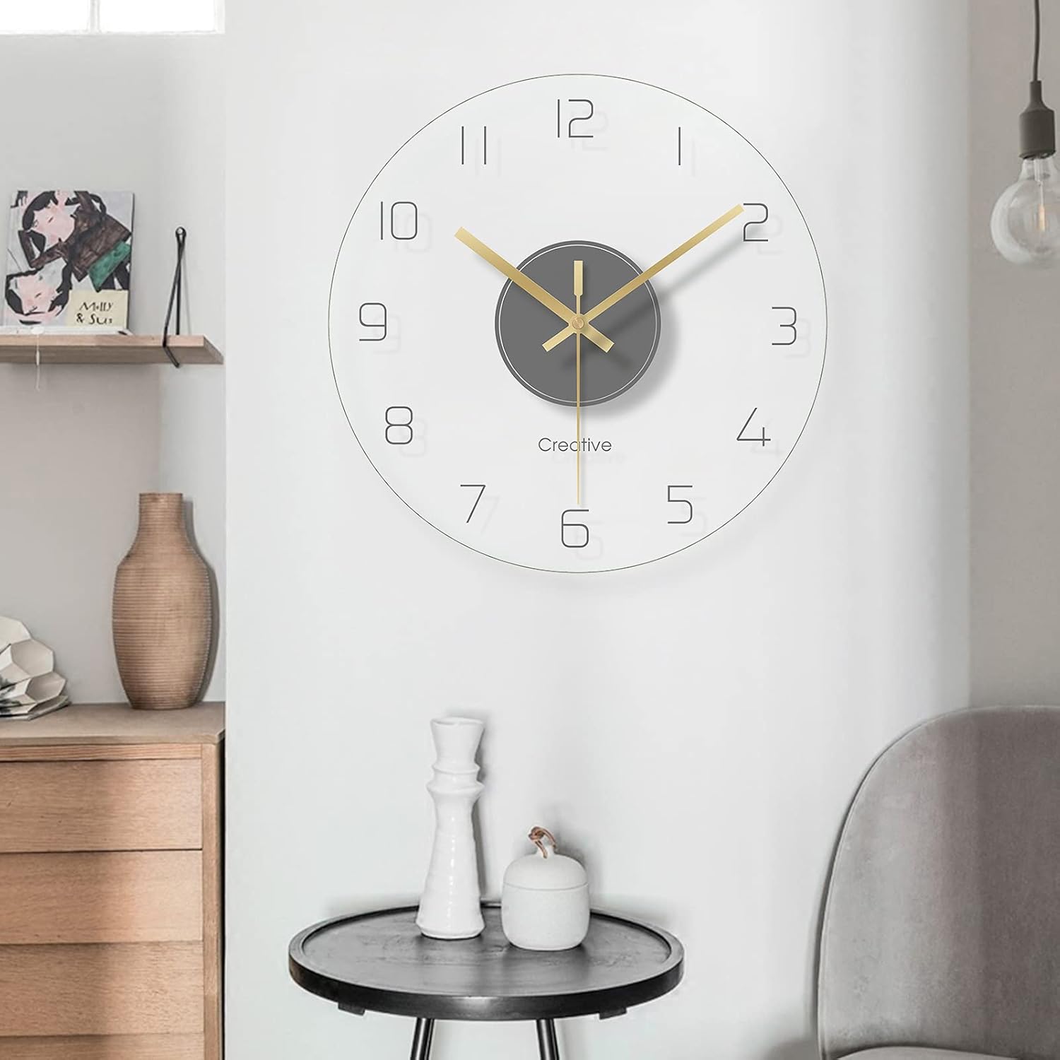 Reloj de pared de cristal transparente de 12 pulgadas, sin tictac, funciona con pilas, movimiento ultra silencioso, de cuarzo, para oficina, aula,
