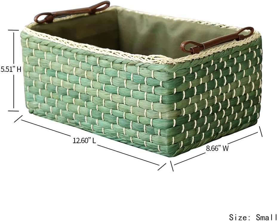 Cesta tejida de maíz con asa, Kingwillow (rectangular, verde pequeño 12.60 pulgadas de largo x 8.66 pulgadas de ancho x 5.51 pulgadas de alto)