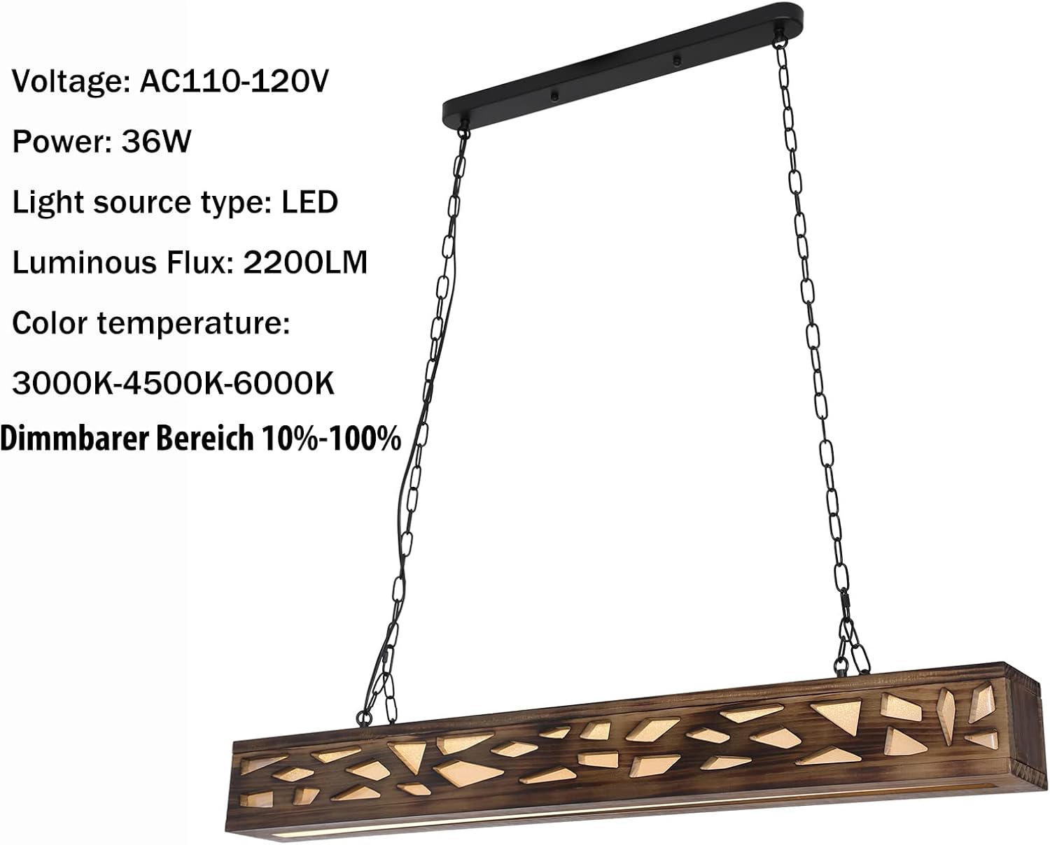Lámpara de araña de isla de cocina, rectangular de madera, LED, regulable, para granja, industrial, colgante para cocina, pasillo, bar