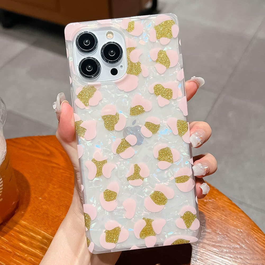 KERZZIL Funda de lujo con patrón de leopardo de nácar para iPhone 13 Pro Max, con borde cuadrado, lindo polvo dorado brillante brillante para